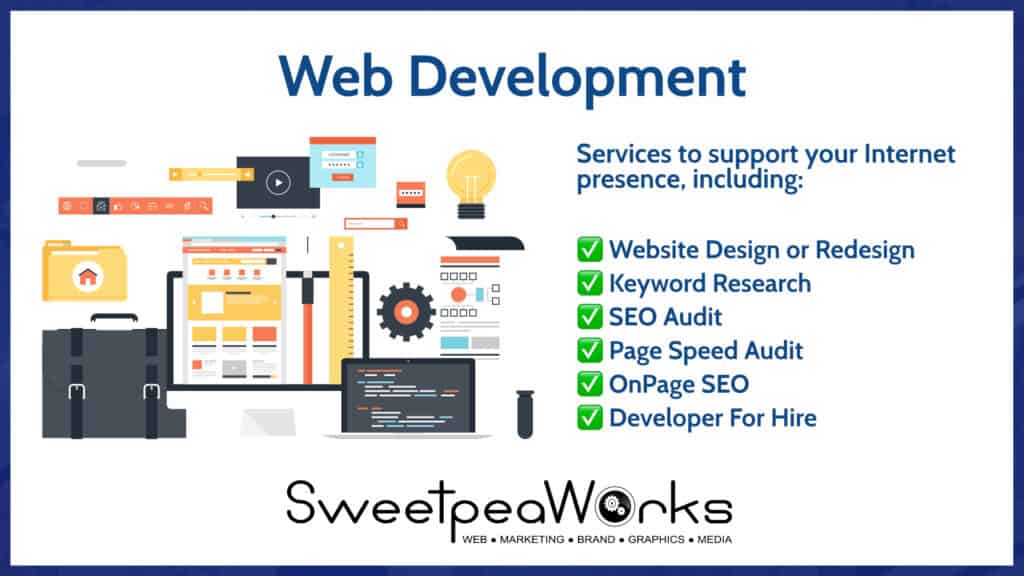 An infographic outlining web development services offered by sweetpeaworks, including website design/redesign, seo, keyword research, page speed, on-page seo audit, and developer hiring options.