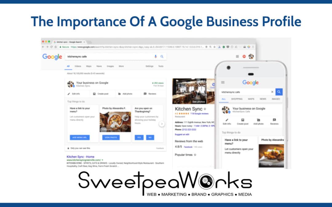 A presentation slide highlighting "the importance of Google Business Profile configuration" with visuals of a Google listing on both desktop and mobile interfaces.
