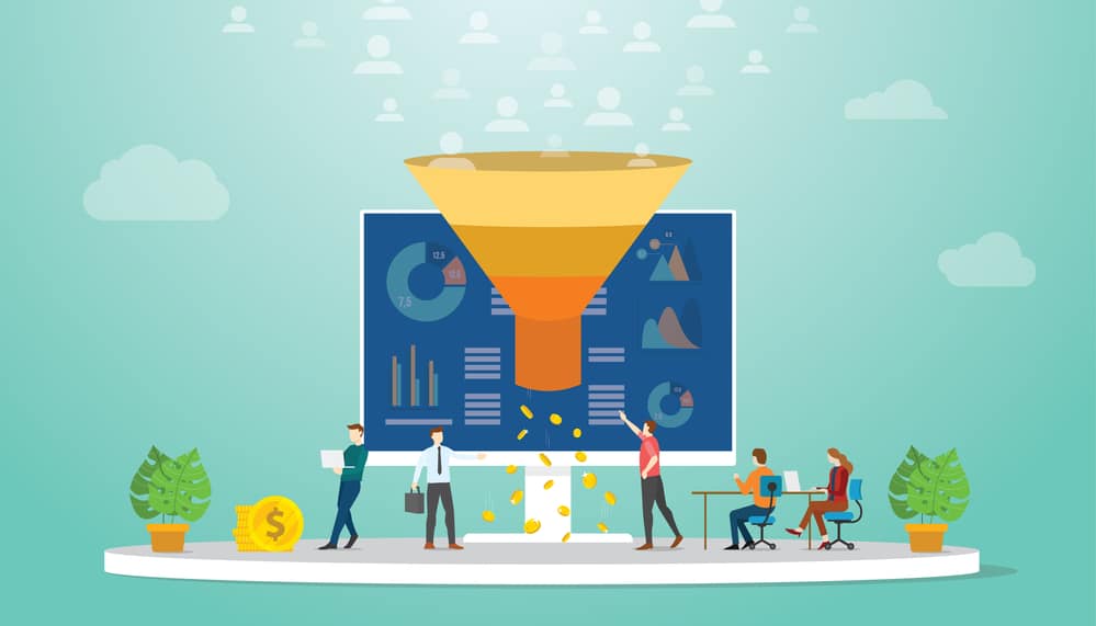 Illustration of a team analyzing website design cost per page and financial results, with a funnel representing lead conversion or sales process, highlighting the importance of professional web design for businesses.