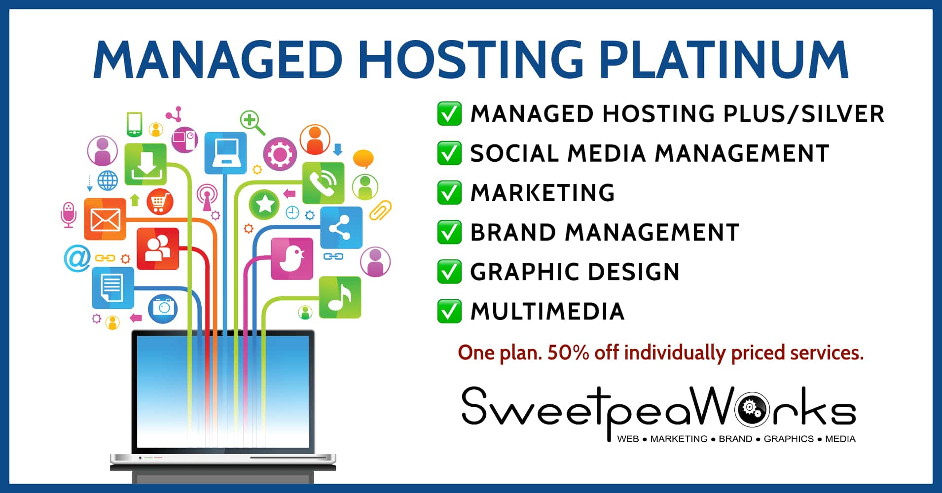 Promotional graphic for a platinum managed hosting service, highlighting included features and offering a 50% discount on individual services.