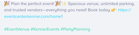 Host your event at our spacious venue in Kenner, featuring ample parking and trusted vendors. Elevate your brand engagement with engaging social media content from your celebration! Book now. #EventVenue #KennerEvents #PartyPlanning.