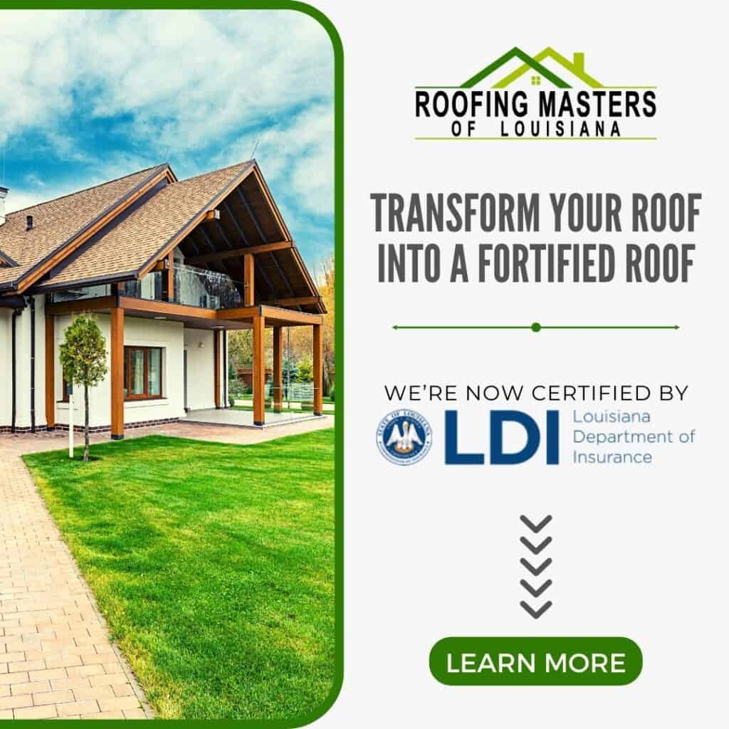 A modern house with a large roof is shown next to text promoting Roofing Masters of Louisiana, certified by the Louisiana Department of Insurance—perfect for engaging social media content.