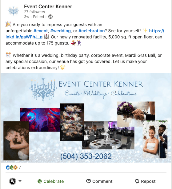 Showcase your celebration at Event Center Kenner! With space for up to 175 guests, our facility is perfect for any occasion. Check out event photos and contact us—plus, follow us for social media tips to boost your brand engagement!.