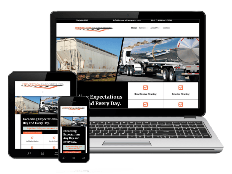 A laptop, tablet, and smartphone display the same website featuring industrial cleaning services and images of large trucks.