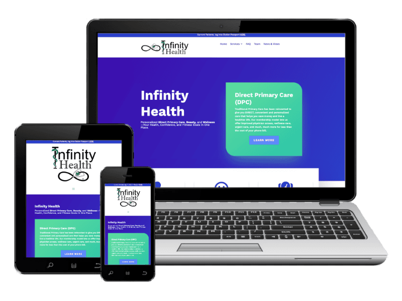 A laptop, tablet, and smartphone display the Infinity Health website homepage with a blue and white color scheme and green accents.