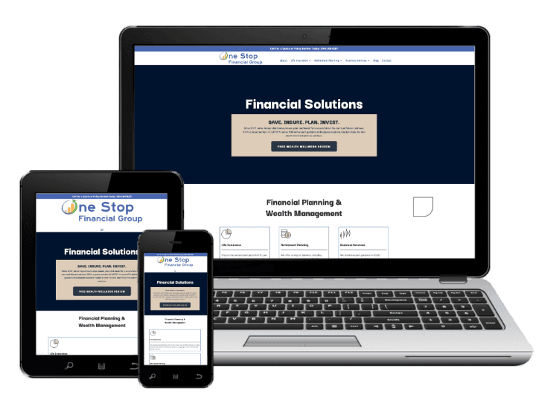 A laptop, tablet, and smartphone display the same financial services website homepage with the heading “Financial Solutions.”.