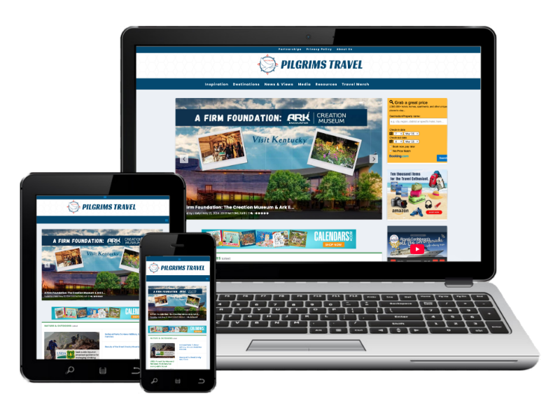 A laptop, tablet, and smartphone display the Pilgrims Travel website homepage, showing consistent design and travel-related content across all devices.