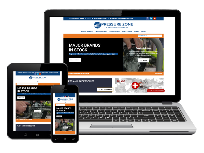 A laptop, tablet, and smartphone display the Pressure Zone website homepage, demonstrating its responsive design across different devices.