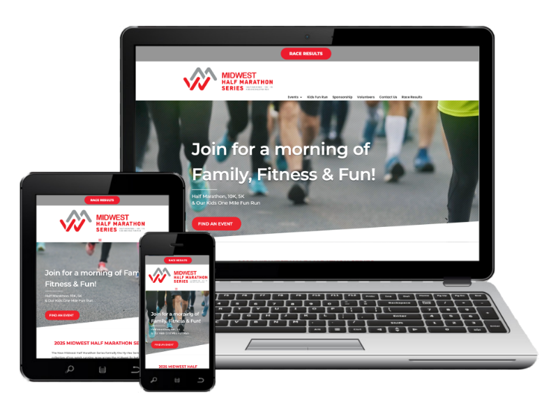A laptop, tablet, and smartphone display the Midwest Half Marathon Series website, showing a race event promotion with the slogan "Join for a morning of Family, Fitness & Fun!.