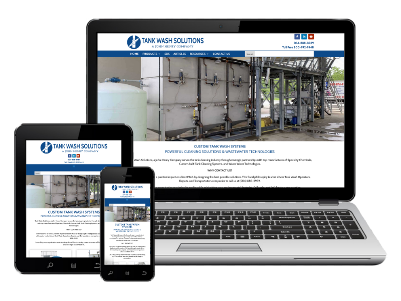 A laptop, tablet, and smartphone display the Tank Wash Solutions website featuring industrial tank wash systems.